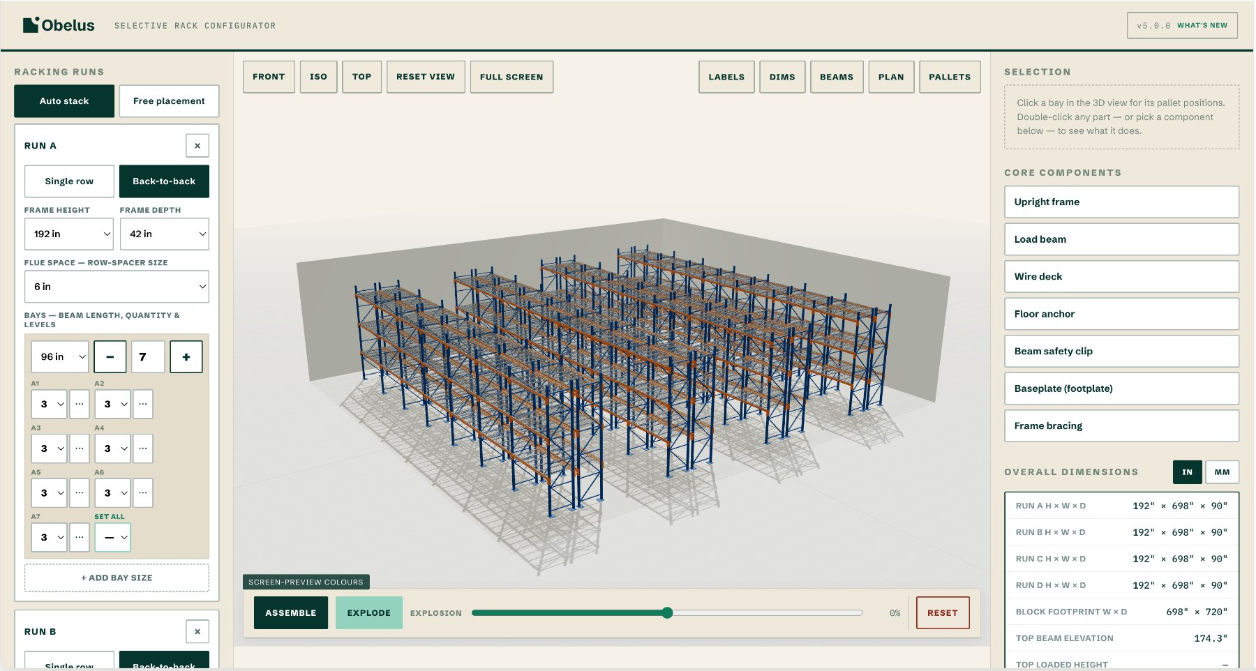 Obelus selective pallet rack module — 3D multi-run layout with plan view and material list